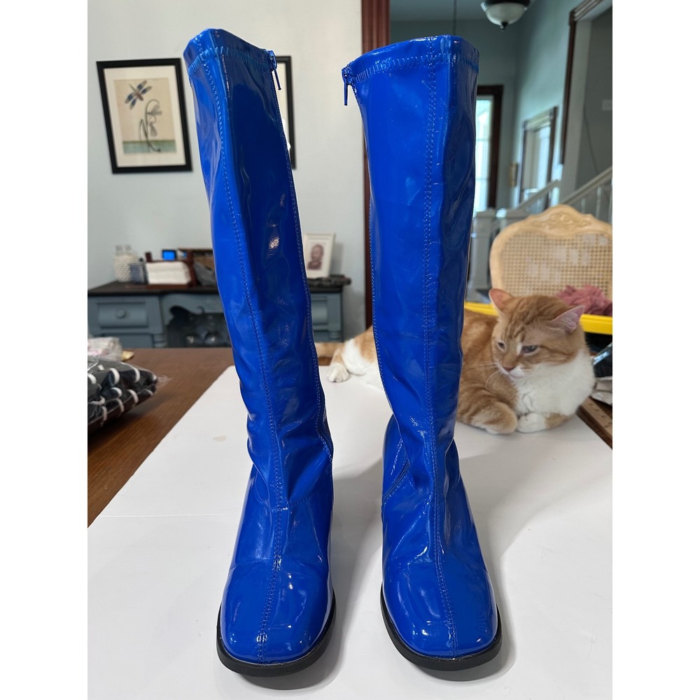 Funtasma GOGO-300 Blue Patent Knee High Go-Go Boots Womens 8 Mod Block Heel
